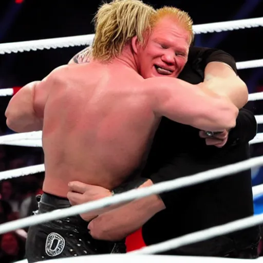 Prompt: chris jericho and brock lesnar hugging in the ring, wwe