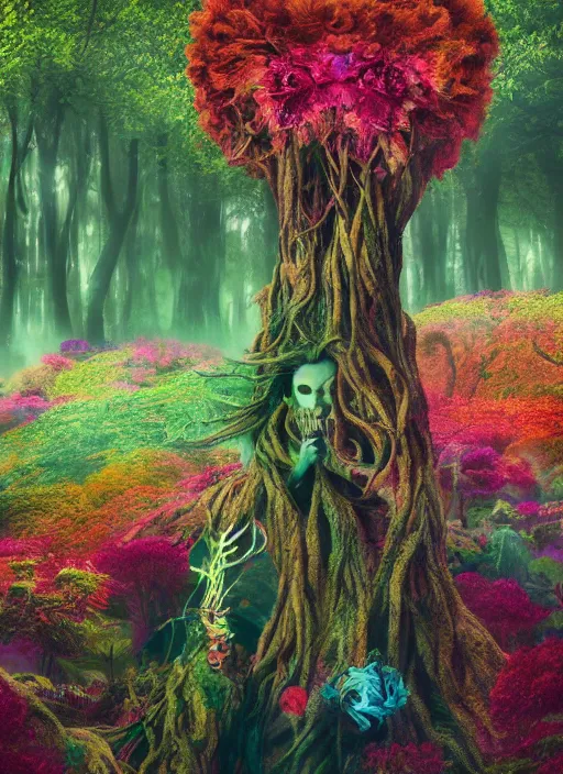 Image similar to a small psychedelic surreal horror giant made of multicolored psychotropic trees and flowers, magical creatures in the chaotic spirit forest, fulcolor octane reminder, cinematic, ultra - realistic