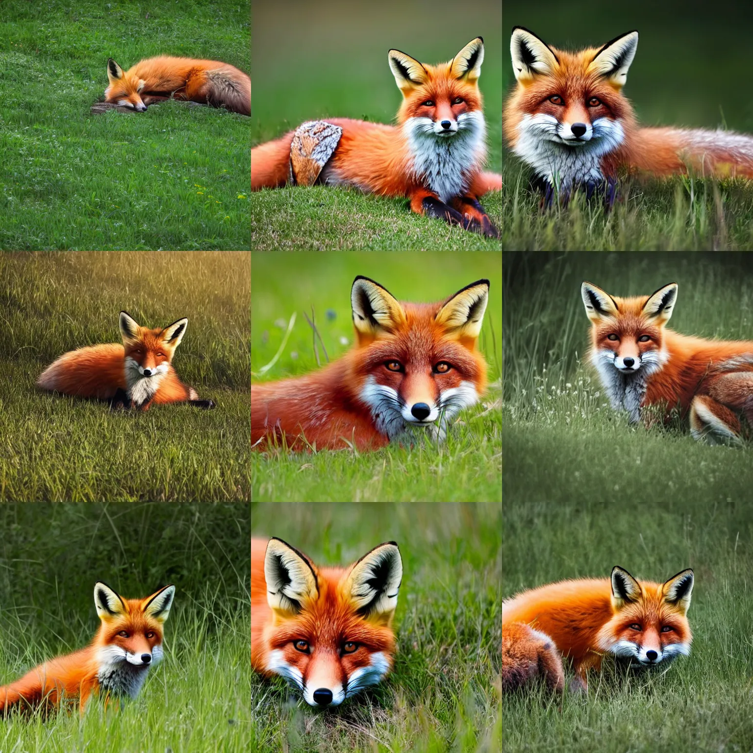 Prompt: a beautiful fox lying in the grass, XF IQ4, 150MP, 50mm, f/1.4, ISO 200, 1/160s, natural light, Adobe Photoshop, Adobe Lightroom, DxO Photolab, Corel PaintShop Pro, symmetrical balance, depth layering, polarizing filter, Sense of Depth