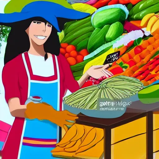 Prompt: Bolivian woman with apron and hat selling fruits in a Latin American market in anime style