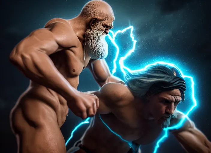 Prompt: zeus fighting chronos. mythology style. highly detailed 8 k. intricate. lifelike. soft light. sony a 7 r iv 5 5 mm. [ cinematic post - processing ].