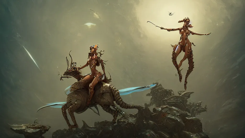 Prompt: a highly detailed 3 d render of futuristic woman riding a locust in the style of peter mohrbacher by weta digital