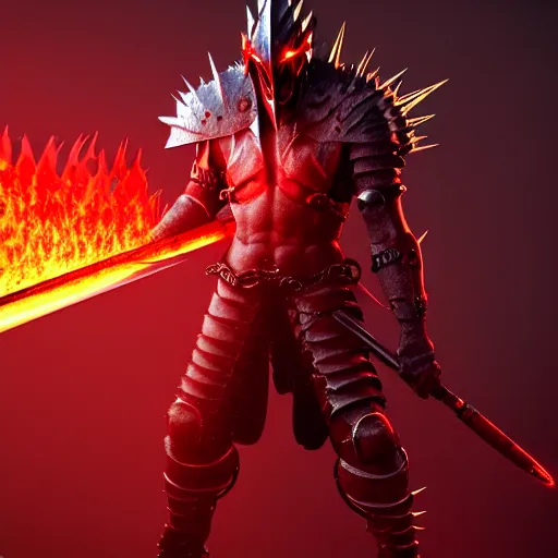 Image similar to hell knight with red spiky with flaming sword, highly detailed, 4 k, hdr, award - winning, octane render, artstation