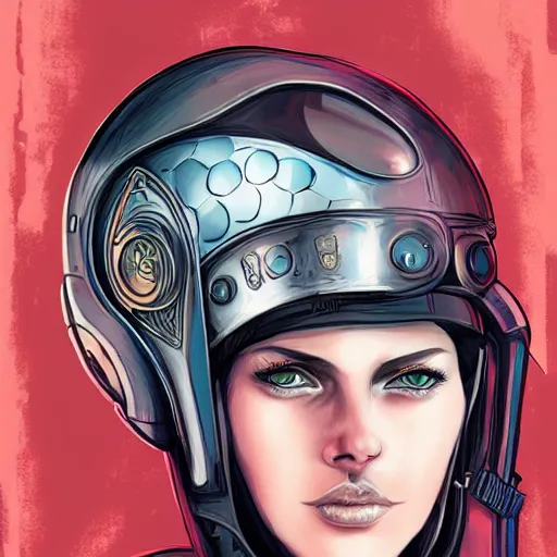 Prompt: realistic detailed beautiful portrait of a menacing warrior space pirate with shiny skull space helmet by Anna and Elena Balbusso, Blade Runner, Ghost in the Shell, Art Nouveau, violent anime, rich deep vibrant colors, futuristic, sci-fi