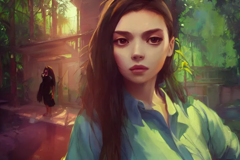 Image similar to digital art of a beautiful girl wearing a shirt standing in front of a ruined apartment complex, jungle composition, sunlit, expressive oil painting, by artgerm, by jeremy lipking, anime style, octane render, bright colors, face!!!! close - up