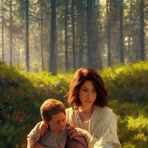 Prompt: epic hyperrealism cinematic masterpiece where a mother appears with her happy son. realistic poster with shaded lighting by craig mallismo, artgerm, jeremy lipkin and michael garmash, unreal engine, radiant light, detailed and complex environment, digital art, art station trends