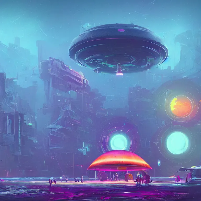 Prompt: a circle portal structure floating in outer - space, cyberpunk, epic surrealism, indigo, bright red, purple, cyan, lime green, detailed digital matte painting in the style of simon stalenhag and painting by ralph mcquarrie