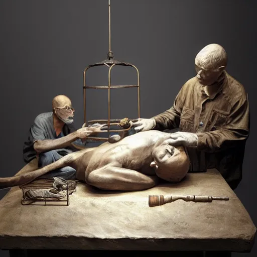 Image similar to hyperrealistic sculpture of a fossilized bronze chinese prisoner on an operating table in a cage on a pedestal, surrounded by surgeons, by duane hanson and lee bontecou and giacometti, patina, hyperrealistic dramatic colored lighting trending on artstation 8 k