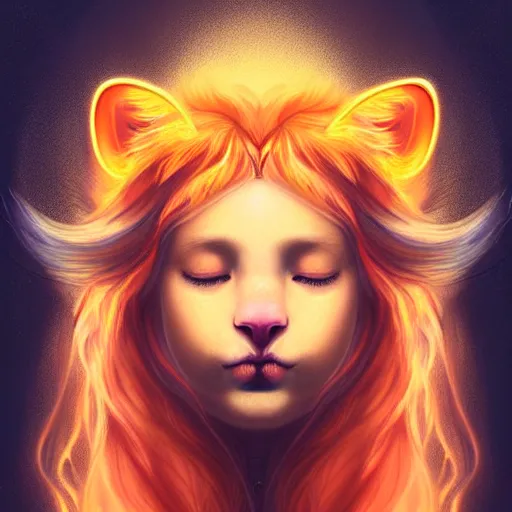 Prompt: Portrait of a girl angel with pale orange colored frizzy strands of illuminated hair, cat ears on her head, glowing halo, Lion's Mane, Lion's Gate, fantasy, intricate, elegant, highly detailed, digital painting, artstation, concept art, smooth, sharp focus, illustration, art by Krenz Cushart and Artem Demura and alphonse mucha