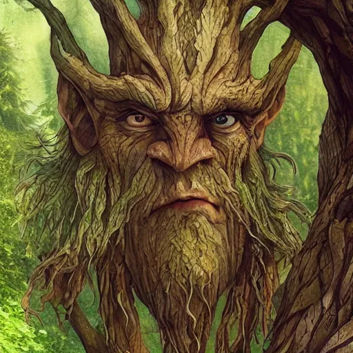 Image similar to giant green old treant creature, elven treant made of leaves and roots, old elven treant, old humanoid ents, elven face, old human face, old humanoid treant, epic fantasy style, green theme, forest background, hearthstone artwork