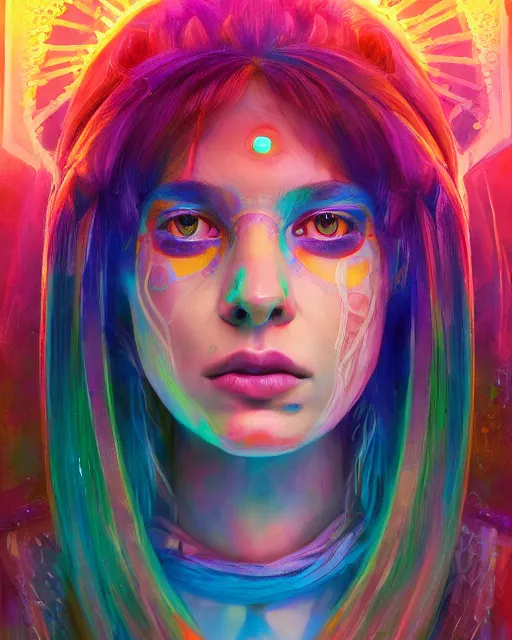 Prompt: colorful portrait of a female hippie, but set in the future 2 1 5 0 | highly detailed | very intricate | symmetrical | professional model | cinematic lighting | award - winning | painted by mandy jurgens | pan futurism, dystopian, bold psychedelic colors, cyberpunk, anime aesthestic | featured on artstation