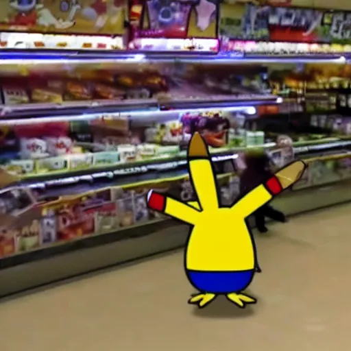 Image similar to cctv footage of a pokemon battle inside a deli, security cam footage
