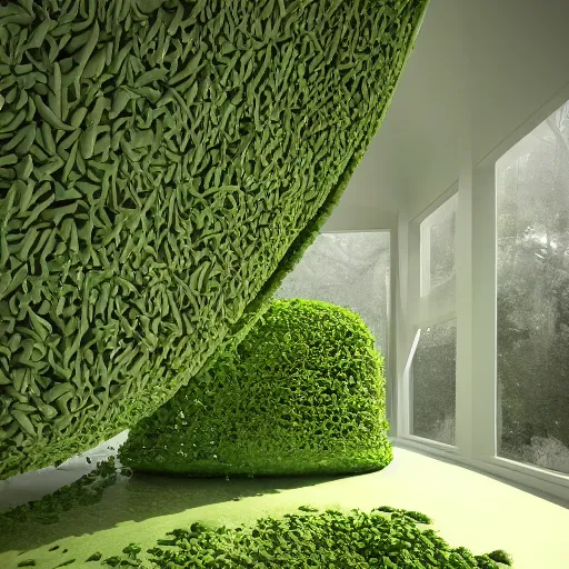 Image similar to Hyper realistic,interior design,organic form,plaster, green,transparency, view of forest,Future design,architecture design,parametric architecture,covers by textile,environment,morning light,Cinematography,mega scans,cinematic,hyper realistic,photo real,cinematic composition,highly detailed,vray,8k render, extremely realistic H 1024