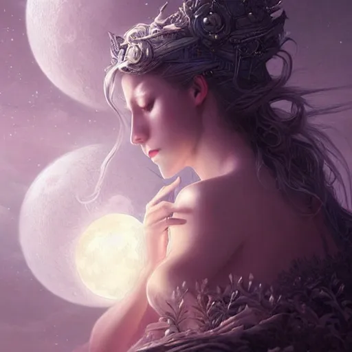 Prompt: lunar goddess, fine art, awesome fantasy book cover on pinterest, award winning, dark fantasy landscape, fantasy magic, intricate, elegant, sharp focus, cinematic lighting, highly detailed, digital painting, concept art, art by wlop and artgerm and greg rutkowski, masterpiece, trending on artstation, 8 k