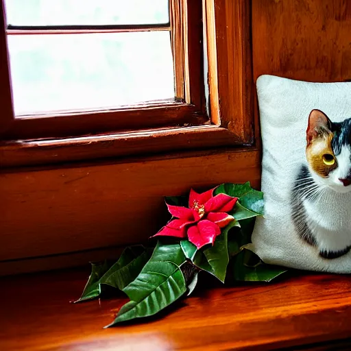 Prompt: small old calico cat laying in the morning sun next to wilting poinsettia on a thin blue oval cushion on an old maple wood counter in a brass trim white canted bay window, professional photography