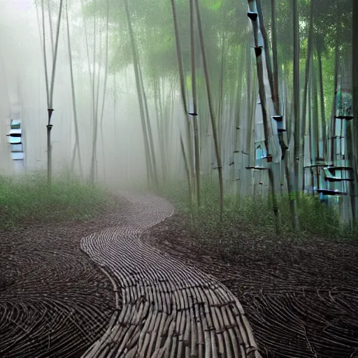 Prompt: round stone path in bamboo forest, dense fog