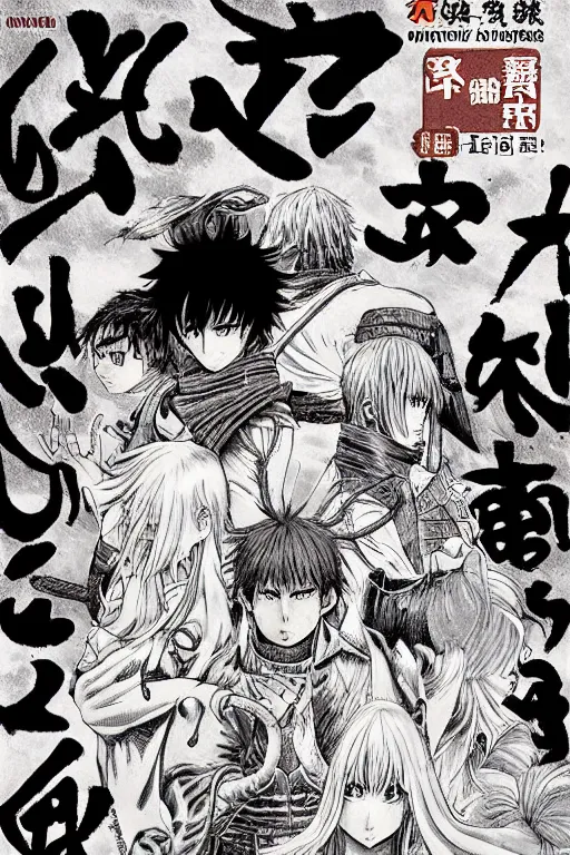 Image similar to manga cover, cover art for manga, full color, seinen manga by kentaro miura. text kanji hiragana on the cover simplistic minimalist stylized cover art, coherent professional