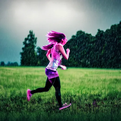 Prompt: somewhat zoomed in picture of a punk girl running in a grass field during a rainy night, hdr, vibrant colors, lifelike, soft light, hyperdetailed, photography, aesthetic, neon lights