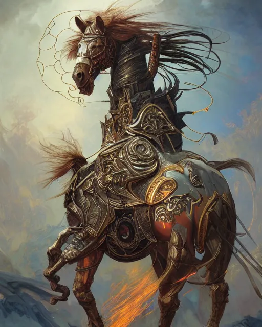 Image similar to Horse warrior, centered, portrait, symmetrical, Path of Exile, Diablo, Warhammer, digital painting, highly detailed, colorful concept art, gold, silver, copper colors, Nekro, Peter Mohrbacher, Alphonse Mucha, Brian Froud, Yoshitaka Amano, Kim Keever, Victo Ngai, James Jean