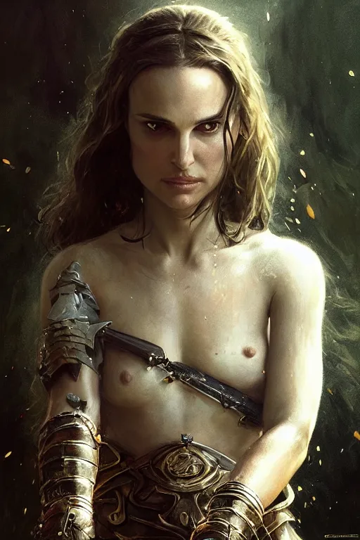 Image similar to natalie portman, legendary warrior, heroic, lord of the rings, tattoos, decorative ornaments, battle armor, by carl spitzweg, ismail inceoglu, vdragan bibin, hans thoma, greg rutkowski, alexandros pyromallis, perfect face, fine details, realistic shading photorealism