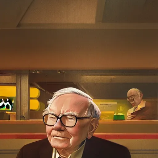 Image similar to portrait of warren buffett, sitting inside a mcdonalds, hamburger, exude an eternity, hyperrealistic, by beeple, greg rutkowski, caspar david friedrich, smooth, illustration, elegant, artstation, digital painting.