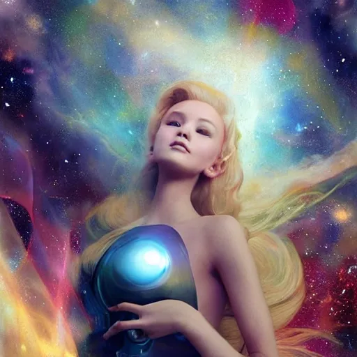 Prompt: blonde beautiful girl looks like robot floating in the cosmos with cosmic energy by tim walker and craig mullins,