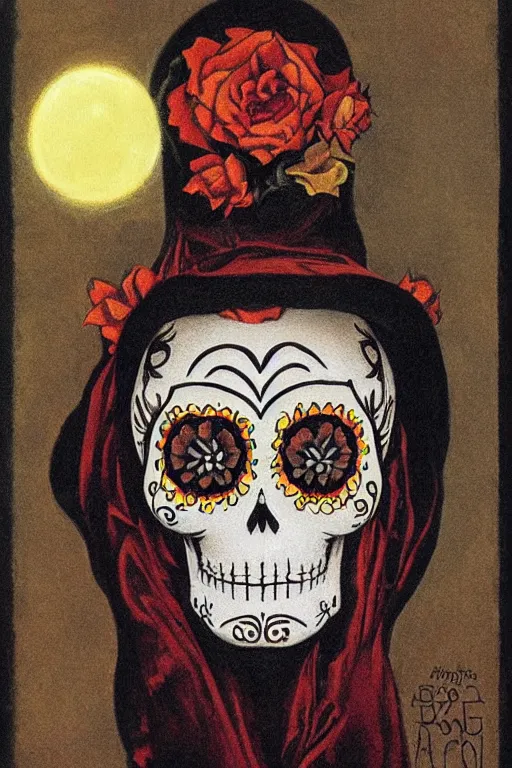 Image similar to Illustration of a sugar skull day of the dead girl, art by alphonse osbert