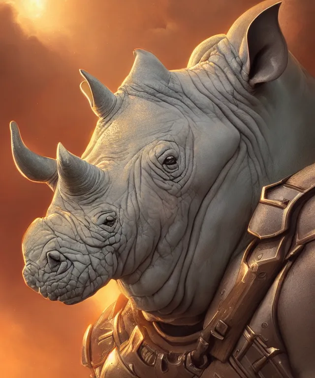 Prompt: A beautiful portrait of an anthropomorphic rhino wearing paladin armor, character design, by Moebius and Artgerm and blizzard studios and Tom Bagshaw, hyper realism, high detail, trending on artstation, unreal engine 5, Lumen, 8k, 38mm photography