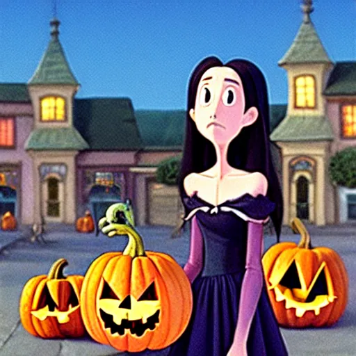 Prompt: a portrait of pretty vampire shopping for pumpkins, pixar, studio ghibli,