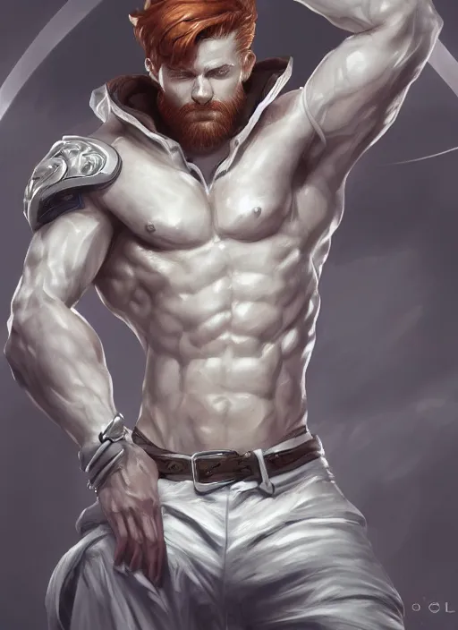 Image similar to a highly detailed illustration of short ginger haired man wearing white suit, dramatic holding book pose, muscular, intricate, elegant, highly detailed, centered, digital painting, artstation, concept art, smooth, sharp focus, league of legends concept art, WLOP