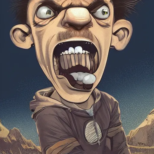 Image similar to Father yelling energetically with a big mouth at his little son who keeps his head down., exaggerated by Sebastian Krüger and Bruno Tesse trending on artstation, hyperdetailed, humor, perfect composition