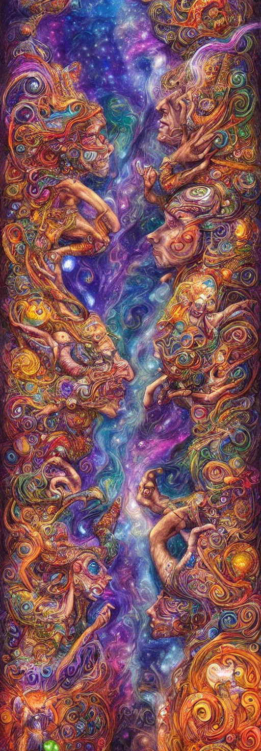 Image similar to two psychedelic shamans intertwined in a cosmic entanglement by Josephine Wall and Daniel Merriam, Artstation