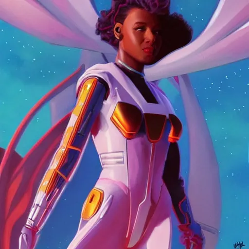 Image similar to 👩🏾🦱🛸, 8 0 s art deco, artstation, moebius + artgerm, hd,