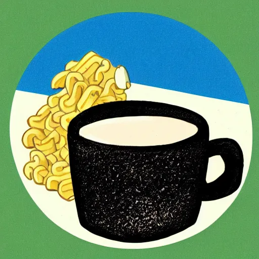 Image similar to a hand drawn disney illustration of a box of mac and cheese holding a cup of coffee