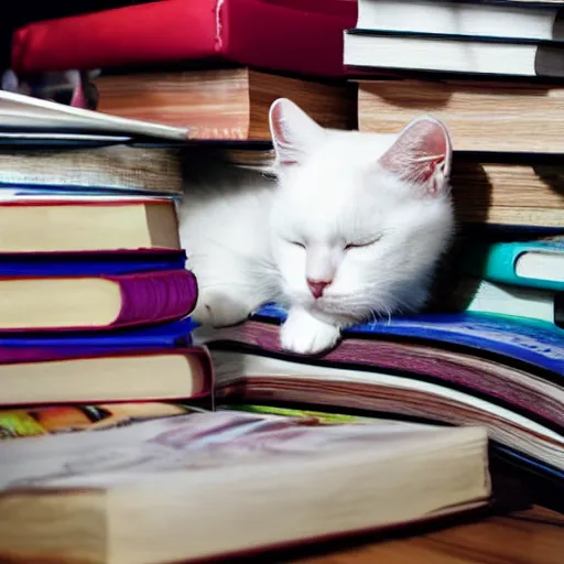 Image similar to a beautiful white cat sleeping on a pile of colorful books