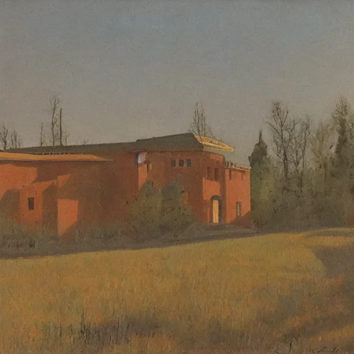 Image similar to a building in a serene landscape, soviet realism