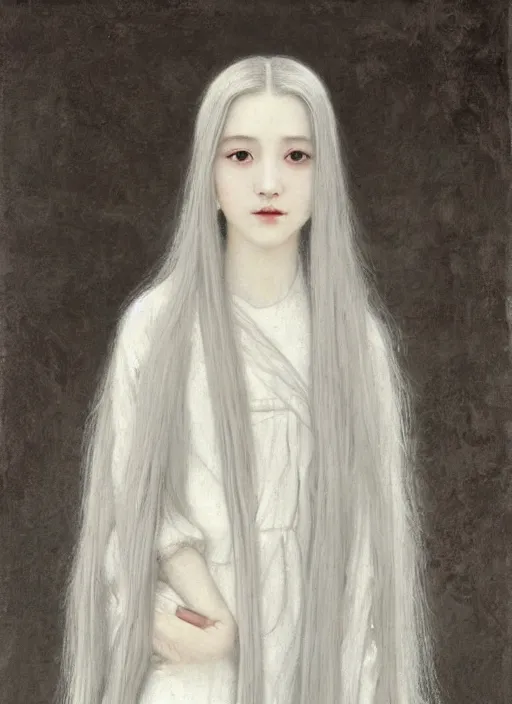 Image similar to tall thin young wan beautiful angel, silver hair so long, pale!, long silver hair, silver angel wings, wan adorable korean face, silver hair!!, style of fernand khnopff and lucien levy - dhurmer, oil on canvas, 1 8 6 2, 4 k resolution, aesthetic!,