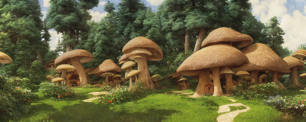 Prompt: ghibli illustrated background of a mushroom shaped house by eugene von guerard, ivan shishkin, john singer sargent, 4 k