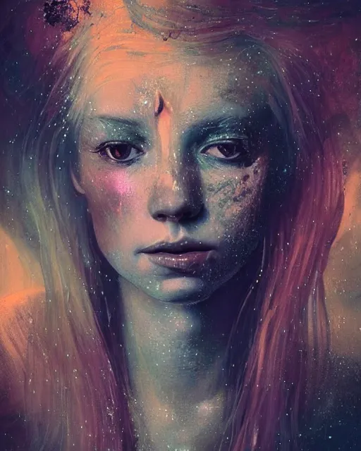 Prompt: a beautiful and eerie baroque painting of a gorgeous woman in dead space, with wild blonde hair and haunted eyes and freckles, 1 9 7 0 s, seventies, space station, neon light showing injuries, delicate ex embellishments, painterly, offset printing technique