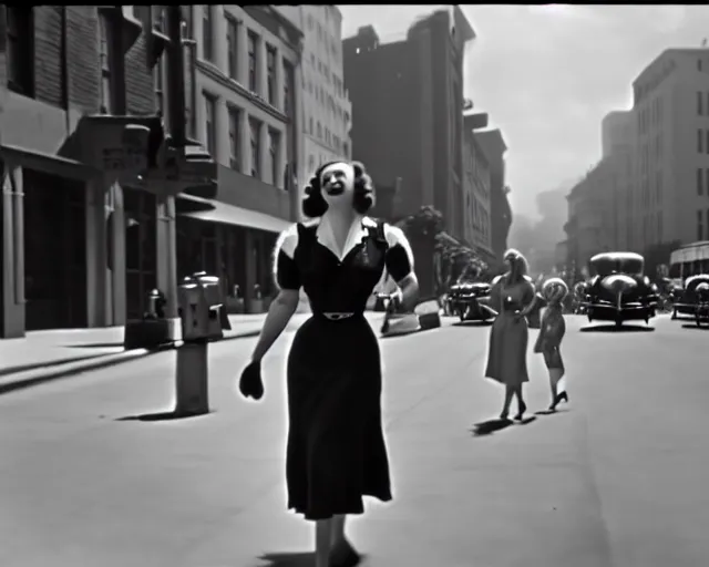 Prompt: the image is a lost hollywood film still 1 9 4 0 s photograph of a woman going for a walk in the city. vibrant cinematography, anamorphic lenses, crisp, detailed image in 4 k resolution. - h 6 4 0