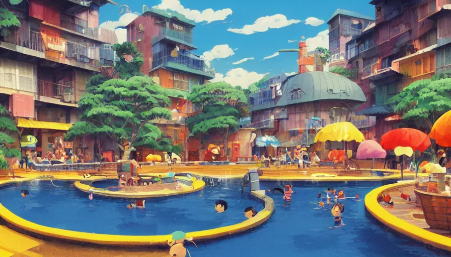 Image similar to Busytown swimming pool, optimistic colors, fun, moody, city background, by studio ghibli and greg rutkowski