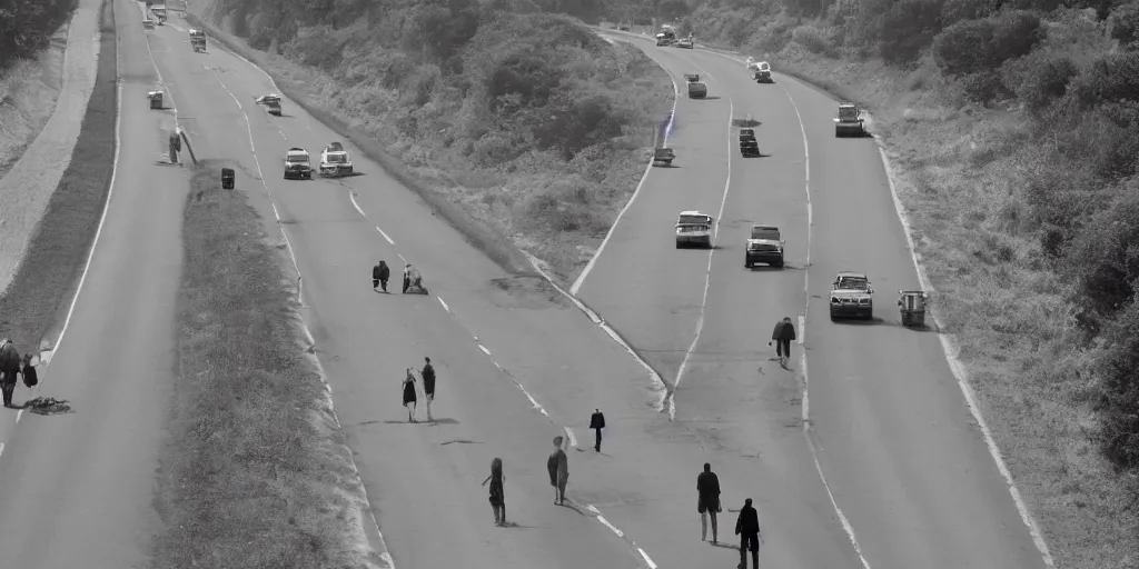 Image similar to People strolling along the highway, Martin Handford style.