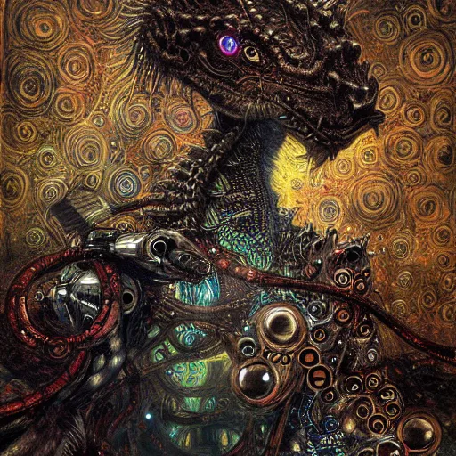 Image similar to cybernetic dragon dreaming in circuitry, intricate detail, klimt, royo, whealan,