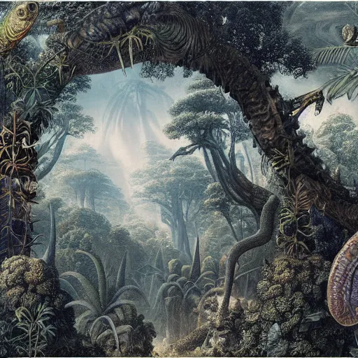 Prompt: an alien chameleon in a primordial jungle by ernst haeckel, highly detailed matte painting, 8k