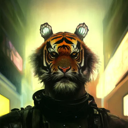 Image similar to hyperrealistic portrait of an athropomorphic tiger wearing military clothes, bladerunner street, art of elysium by jeremy mann and alphonse mucha, fantasy art, photo realistic, dynamic lighting, artstation, poster, volumetric lighting, very detailed face, 4 k, award winning, cinematic lighting, deviantart, artstation, cg society