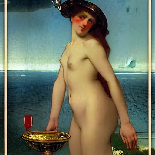 Prompt: Girl with a blood dripping chalice at the palace, thunderstorm, pool, beach and palm trees on the background major arcana sky, by paul delaroche, alphonse mucha and arnold böcklin arnold böcklin hyperrealistic 8k, very detailed