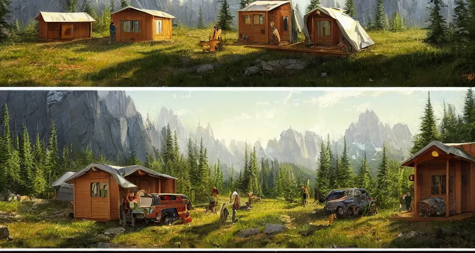 Image similar to cabela's beautiful comfortable community of modular insulated wall container home kit - house all weather military grade family dwelling tent house, person in foreground, mountainous forested wilderness open fields, beautiful views, painterly concept art, environmental concept art, concept art illustration, by james gurney, by craig mullins, by greg rutkowski trending on artstation