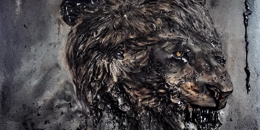 Image similar to the black lioness made of tar, dripping tar, drooling ferrofluid, melting through an air vent. painting, environment art, realistic, detailed