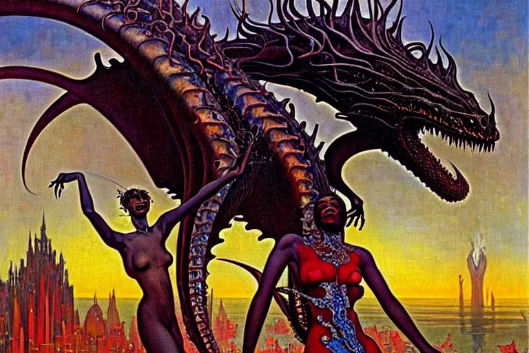 Image similar to realistic extremely detailed closeup portrait painting of a beautiful black woman riding a mutant dragon, dystopian city on background by Jean Delville, Amano, Yves Tanguy, Ilya Repin, Alphonse Mucha, Ernst Haeckel, Edward Robert Hughes, Roger Dean, heavy metal 1981, rich moody colours