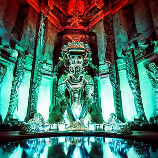 Prompt: photo, inside a massive huge cavernous futuristic alien african indian stone overgrown temple with intricate detailed beautiful carvings made out of shiny chrome, a giant huge massive statue of a ancient alien king sitting in a pool of moonlight, low fog and haze, colorful glowing neon tubes, long strips of shiny reflective aluminum, glowing orbs